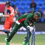 Bangladesh wicketkeeper Nurul Hasan runs out Ton Cooper of the Netherlands