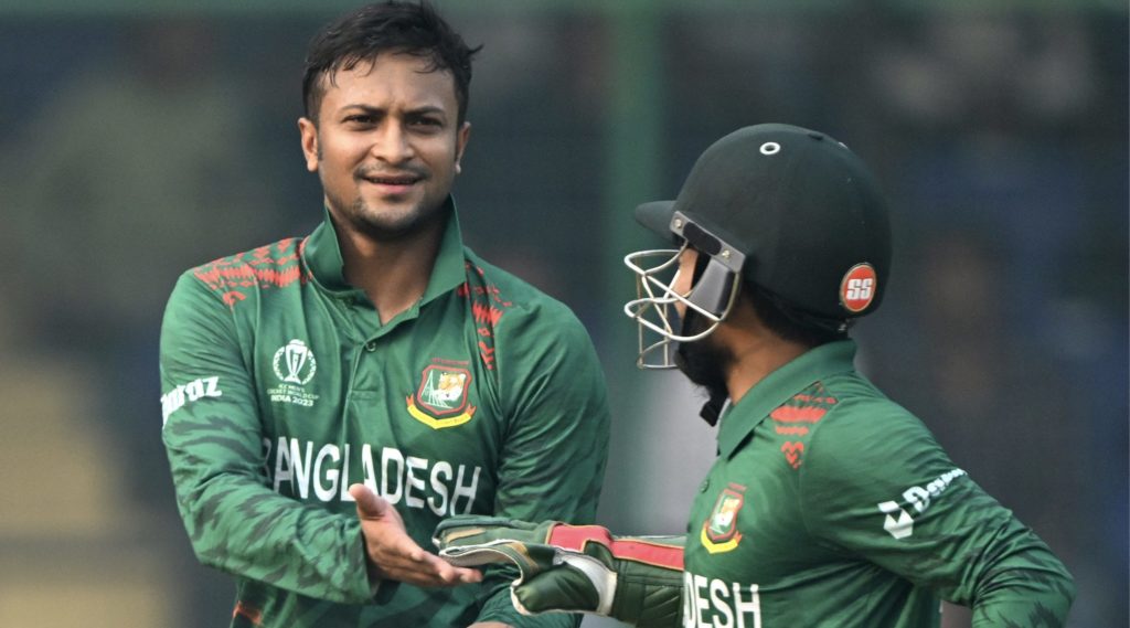 Shakib Al Hasan wicket 6 Nov 2023 Arun Sankar AFP
