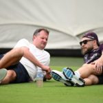 SYDNEY, AUSTRALIA - JANUARY 02: England coach Brendon McCullum speaks with Director of Mens Cricket Rob Key during an England Test cricket squad training session at Sydney Cricket Ground on January 02, 2026 in Sydney, Australia. (Photo by Gareth Copley/Getty Images)